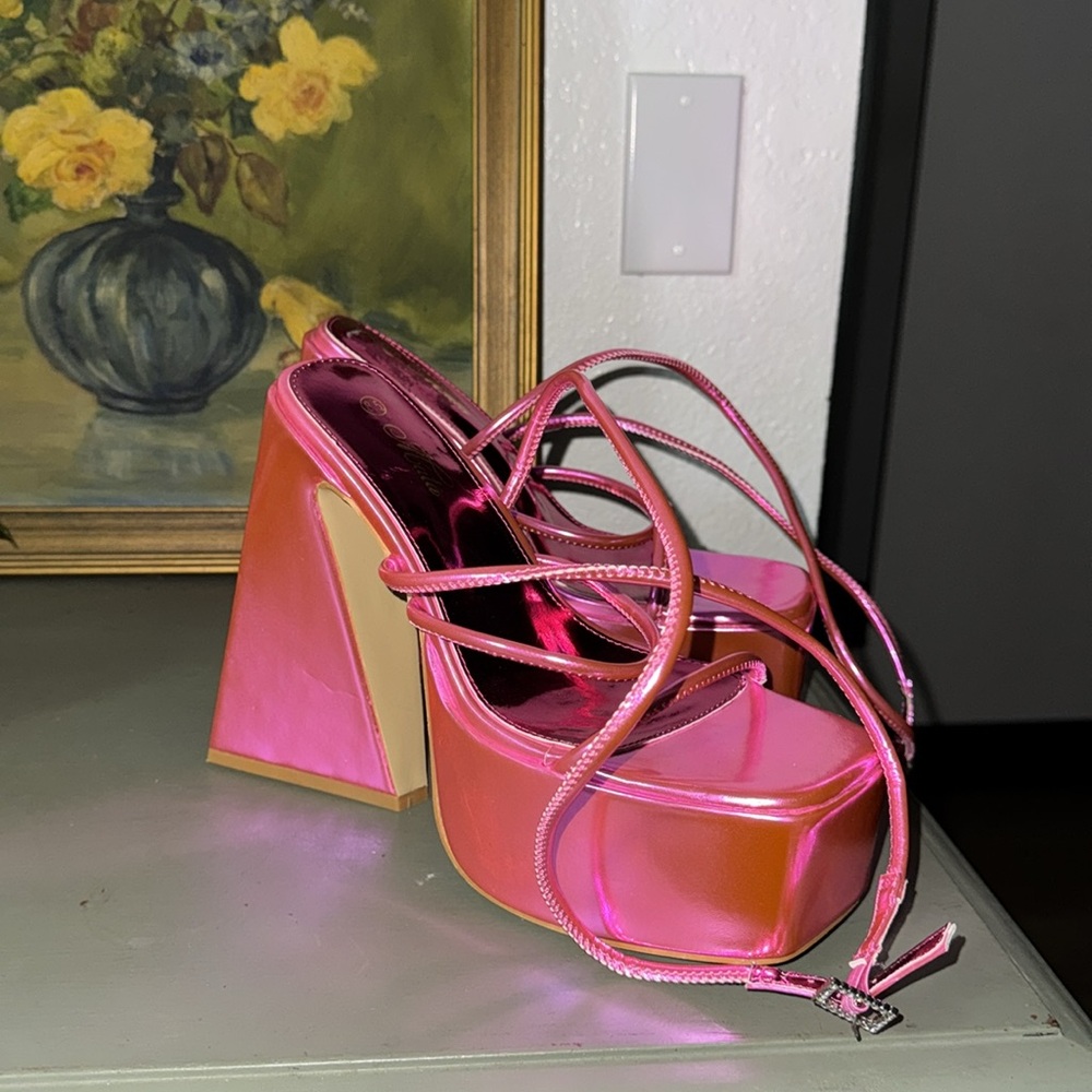 Pink Metallic Strappy Platform Heels - Picture 4 of 8